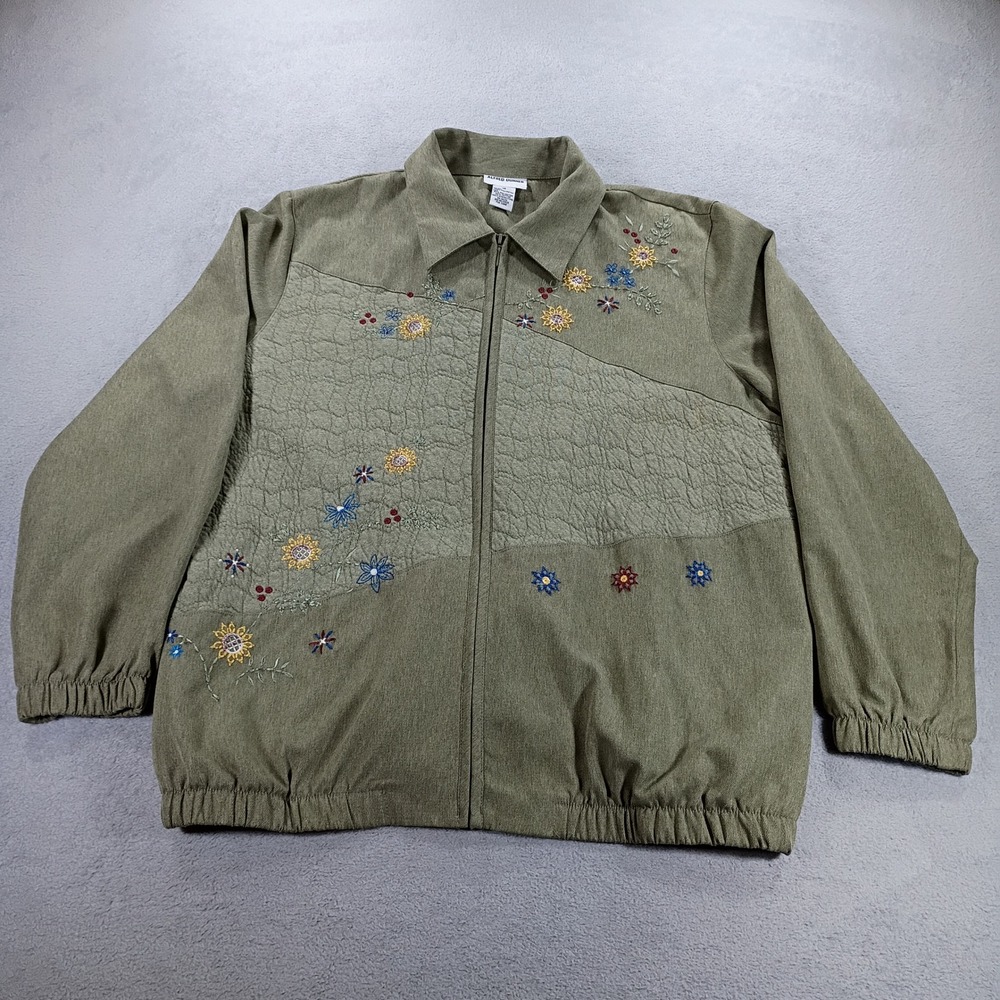 Alfred Dunner Womens Jacket Green 16 Floral Embroidered Quilted Zip Up